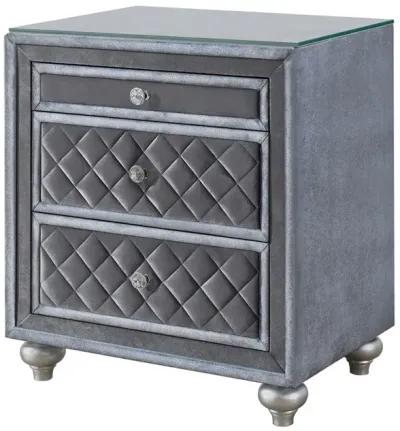 Yin 30 Inch 3 Drawer Nightstand, Glass Top, Crystal Knobs, Gray Velvet-Benzara