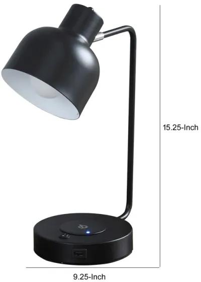 15 Inch Metal Table Lamp, Adjustable Shade, Wireless Charging, Black-Benzara