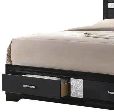 Wooden Eastern King Size Bed with 2 Storage Drawers, Black and Silver-Benzara