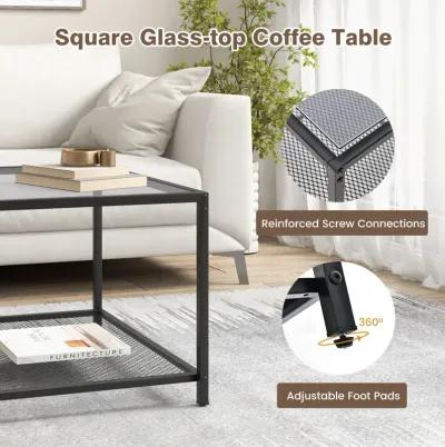 Modern 2-Tier Square Glass Coffee Table with Mesh Shelf