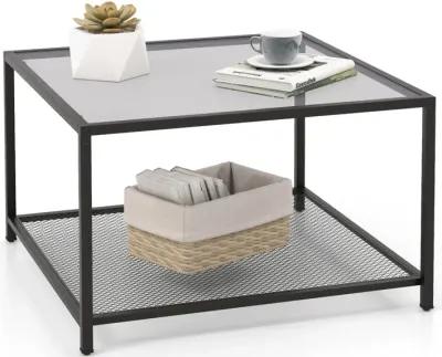 Modern 2-Tier Square Glass Coffee Table with Mesh Shelf