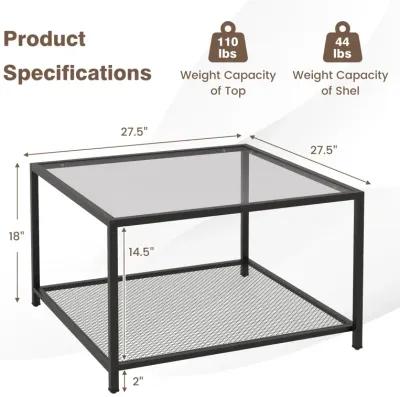 Modern 2-Tier Square Glass Coffee Table with Mesh Shelf