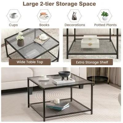 Modern 2-Tier Square Glass Coffee Table with Mesh Shelf