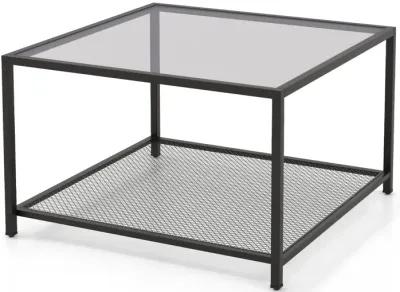 Modern 2-Tier Square Glass Coffee Table with Mesh Shelf