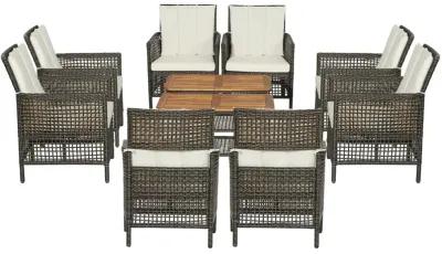 5 Pieces Patio Rattan Furniture Set Cushioned Sofa Armrest Wooden Tabletop