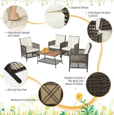 5 Pieces Patio Rattan Furniture Set Cushioned Sofa Armrest Wooden Tabletop