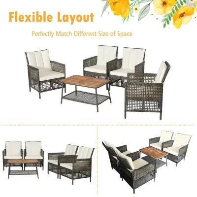 5 Pieces Patio Rattan Furniture Set Cushioned Sofa Armrest Wooden Tabletop