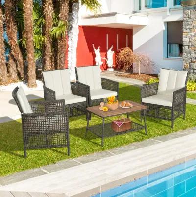 5 Pieces Patio Rattan Furniture Set Cushioned Sofa Armrest Wooden Tabletop