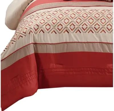 8 Piece King Polyester Comforter Set with Geometric Embroidery, Orange - Benzara