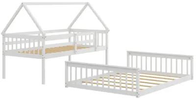 Twin Over Full House Bunk Bed with Ladder and Guardrails