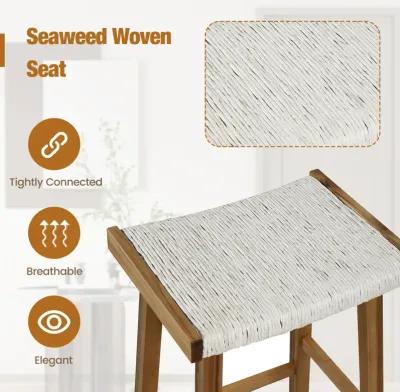 Set of 2 25.5 Inch Dining Bar Stool with Seaweed Woven Seat