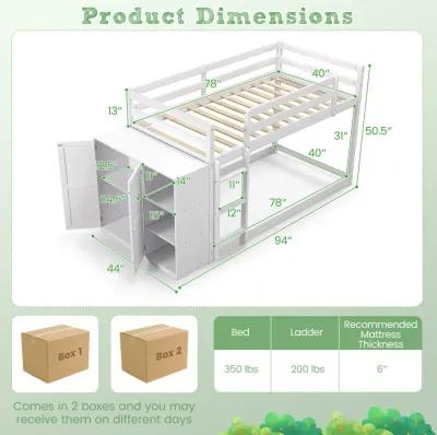 Twin Size Bunk Bed with Convertible Bookcase and Ladder-White