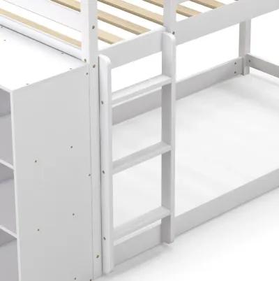 Twin Size Bunk Bed with Convertible Bookcase and Ladder-White