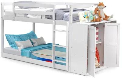 Twin Size Bunk Bed with Convertible Bookcase and Ladder-White