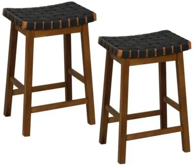 Hivvago Faux PU Leather Bar Height Stools Set of 2 with Woven Curved Seat