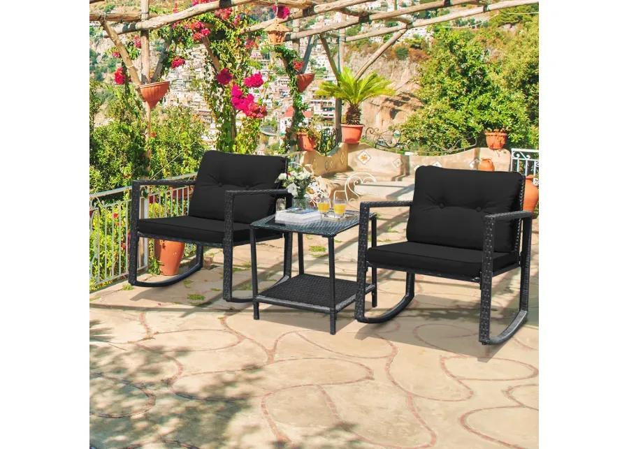 3 Pieces Cushioned Patio Rattan Set with Rocking Chair and Table