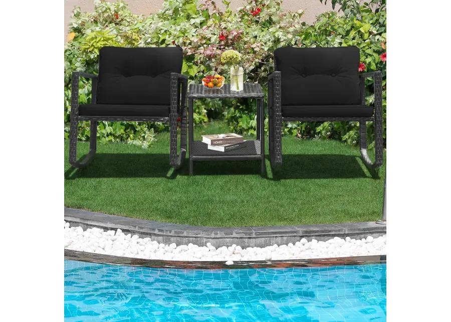 3 Pieces Cushioned Patio Rattan Set with Rocking Chair and Table