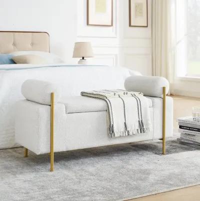 Hivvago Elegant Upholstered Linen Storage Bench with Cylindrical Arms and Iron Legs