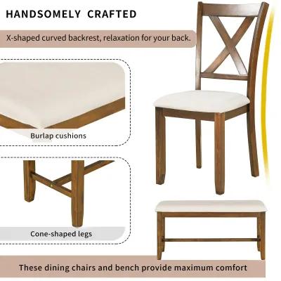 6-Piece Kitchen Dining Table Set Wooden Rectangular Dining Table, 4 Fabric Chairs and Bench