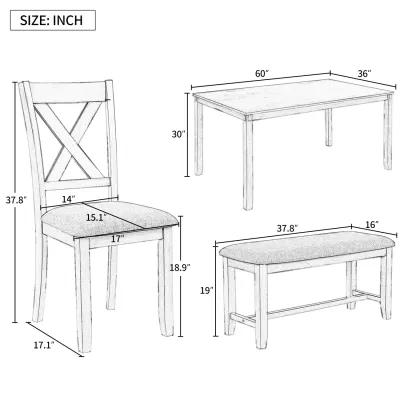 6-Piece Kitchen Dining Table Set Wooden Rectangular Dining Table, 4 Fabric Chairs and Bench