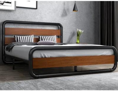 QuikFurn Full Heavy Duty Industrial Modern Metal Wood Platform Bed Frame with Headboard