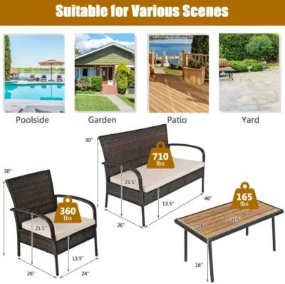 Hivvago 4 Pieces Patio Cushioned Wicker Conversation Set with Acacia Wood Tabletop