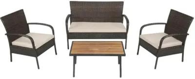 Hivvago 4 Pieces Patio Cushioned Wicker Conversation Set with Acacia Wood Tabletop