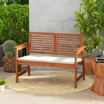 2-Person Solid Wood Patio Bench with Backrest and Cushion