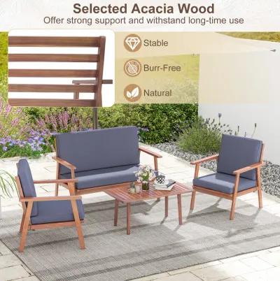 4 Piece Outdoor Acacia Wood Conversation Set with Soft Seat and Back Cushions