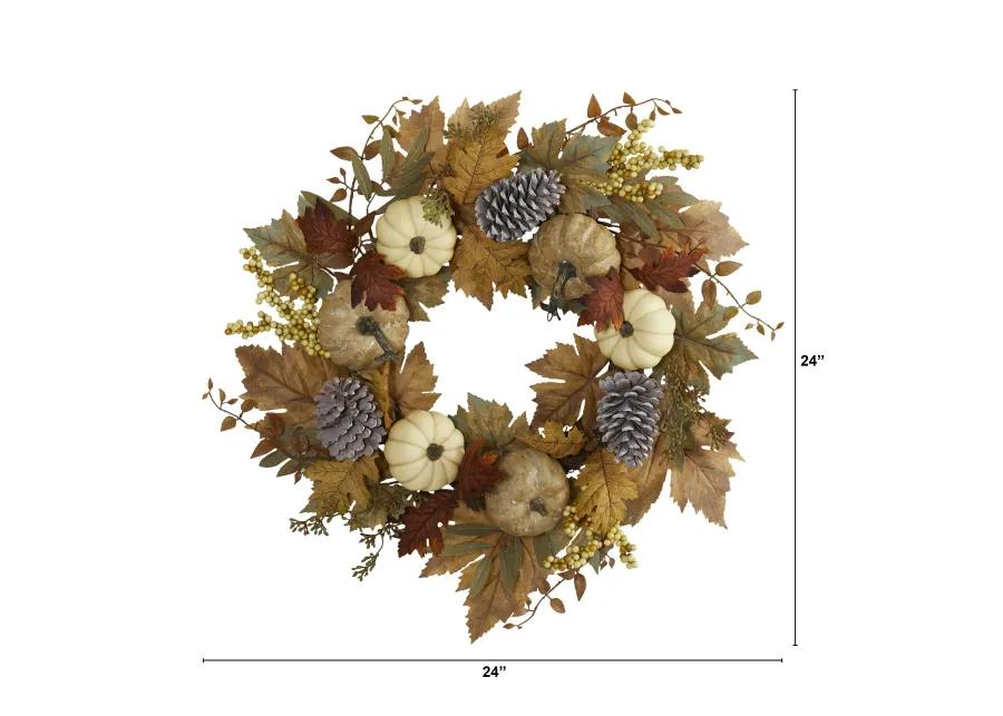 HomPlanti 24" Fall Pumpkins, Pine Cones and Berries Artificial Wreath