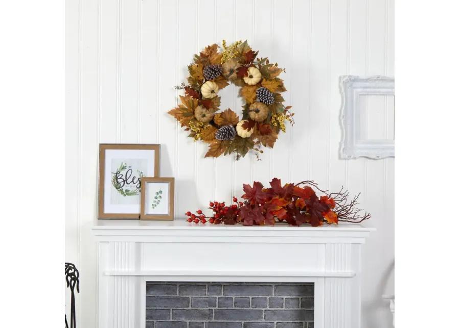 HomPlanti 24" Fall Pumpkins, Pine Cones and Berries Artificial Wreath