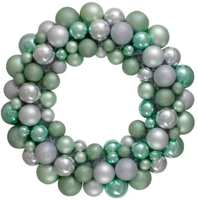 Silver and Seafoam Green 3-Finish Shatterproof Ball Christmas Wreath - 24-Inch  Unlit