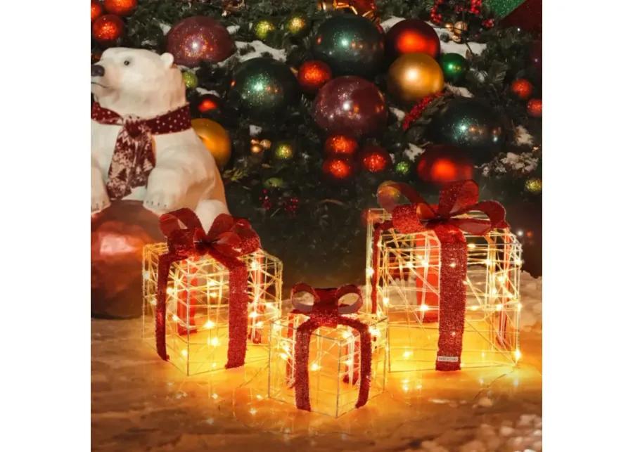 3 Pieces Christmas Lighted Gift Boxes Decorations with 60 LED Lights for Indoor and Outdoor