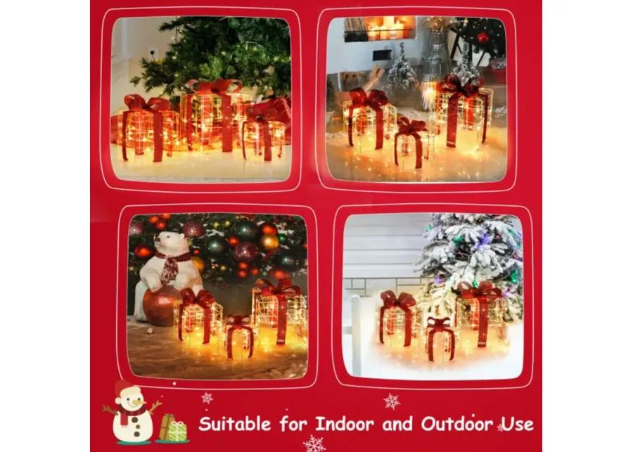 3 Pieces Christmas Lighted Gift Boxes Decorations with 60 LED Lights for Indoor and Outdoor