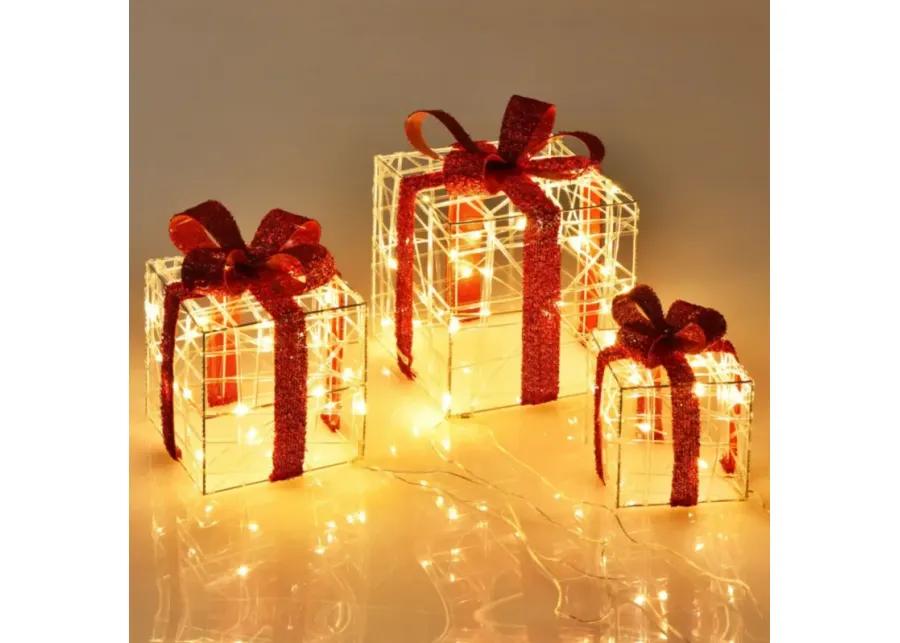 3 Pieces Christmas Lighted Gift Boxes Decorations with 60 LED Lights for Indoor and Outdoor