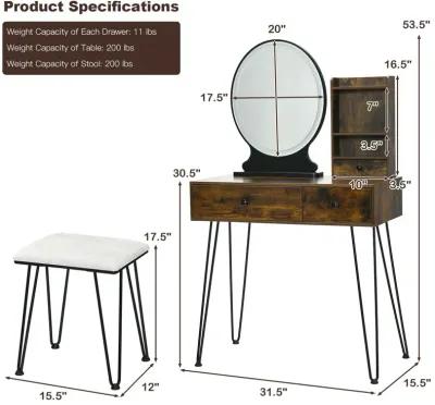 Vanity Table Set with Lighted Mirror and Cushion Stool