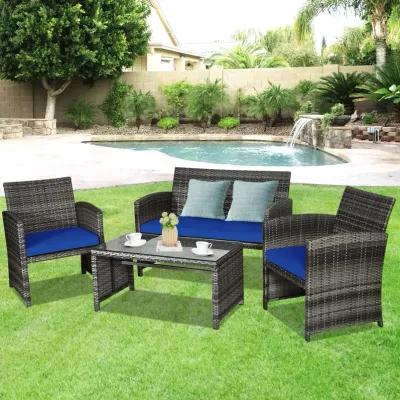 4 Pcs Patio Rattan Furniture Set Top Sofa With Glass Table