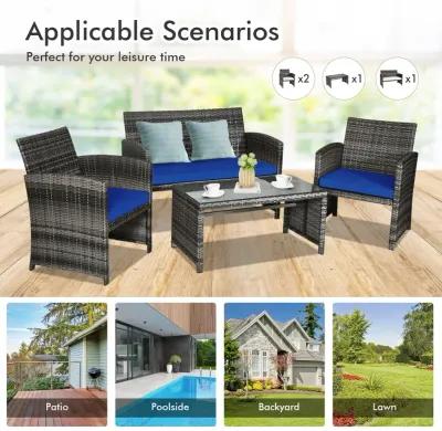 4 Pcs Patio Rattan Furniture Set Top Sofa With Glass Table