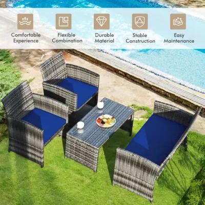 4 Pcs Patio Rattan Furniture Set Top Sofa With Glass Table