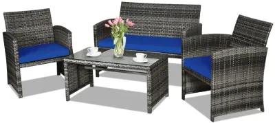 4 Pcs Patio Rattan Furniture Set Top Sofa With Glass Table