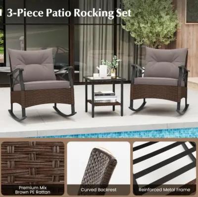 Hivvago 3 Pieces Outdoor Rattan Rocking Chairs Set with  2-Tier Side Table for Garden Backyard