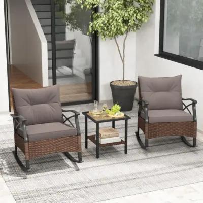 Hivvago 3 Pieces Outdoor Rattan Rocking Chairs Set with  2-Tier Side Table for Garden Backyard