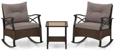 Hivvago 3 Pieces Outdoor Rattan Rocking Chairs Set with  2-Tier Side Table for Garden Backyard