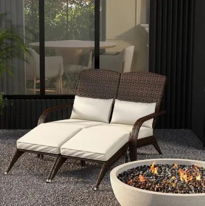 Outsunny Wicker Adirondack Chair for 2 with Cushions & Footrests, PE Rattan Fire Pit Chair for 2, Double Adirondack Patio Chair for Porch, Backyard, Garden with High-back, Wide Armrests, Cream White