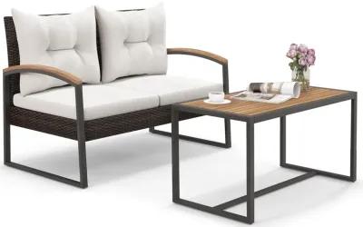 2 Pieces Patio PE Wicker Furniture Set with Acacia Wood Coffee Table-White