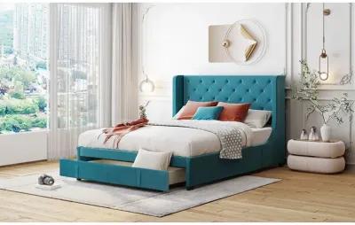 Queen Size Storage Bed Velvet Upholstered Platform Bed With Wingback Headboard And Big Drawer