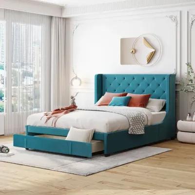 Queen Size Storage Bed Velvet Upholstered Platform Bed With Wingback Headboard And Big Drawer