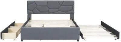 Merax Upholstered Platform Bed with Brick Pattern Headboard, with Twin XL Size Trundle and 2 drawers, Linen Fabric