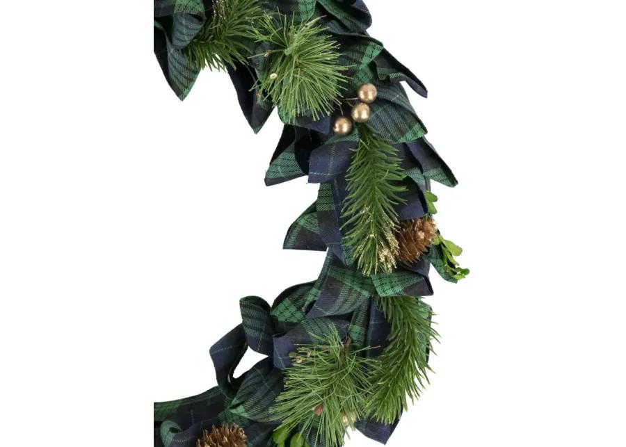 Blue and Green Plaid Bow Artificial Pine Christmas Wreath  17.75-Inch  Unlit