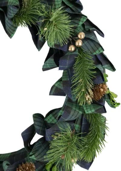 Blue and Green Plaid Bow Artificial Pine Christmas Wreath  17.75-Inch  Unlit